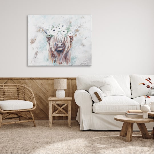Stupell Industries Rustic Country Longhorn Cattle Flecked Flower Blossoms Canvas Wall Art